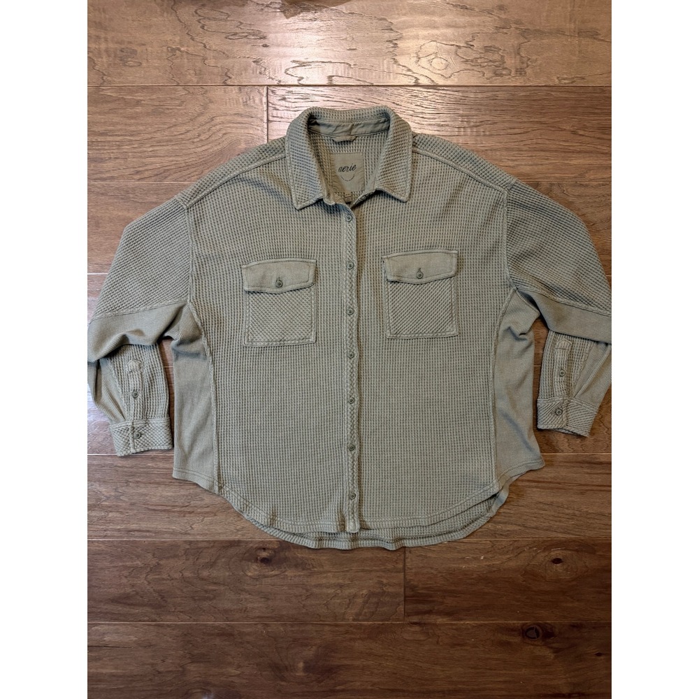 Aerie Womens Oversized Waffle Knit Button Down Shirt Sage Green Medium Shacket